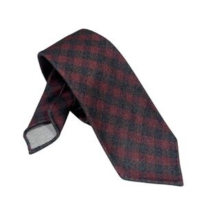 Kiton Brushed Cashmere Silk Plaid Hand Rolled Red Made in Italy Tie